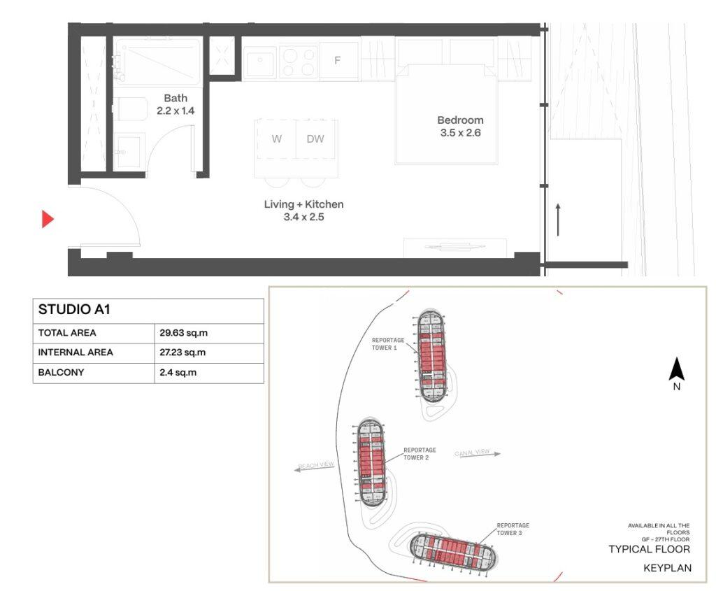 Studiya satılır Reportage Heights Sea Breeze Resort 29.37 m2